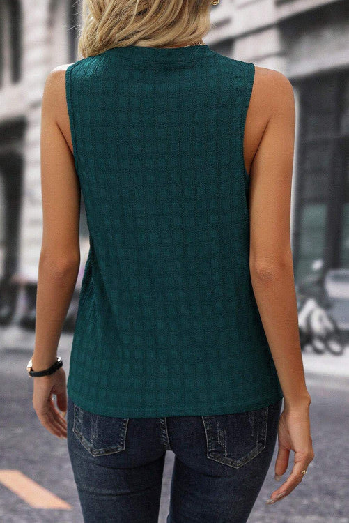 Green Lattice Textured Split Neck Tank Top