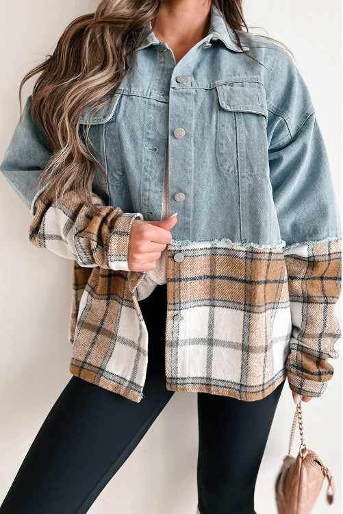 ⭐️NEW Khaki Plaid Patchwork Buttoned Oversized Denim Jacket