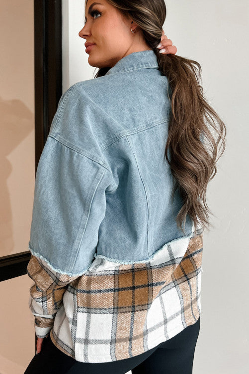 ⭐️NEW Khaki Plaid Patchwork Buttoned Oversized Denim Jacket