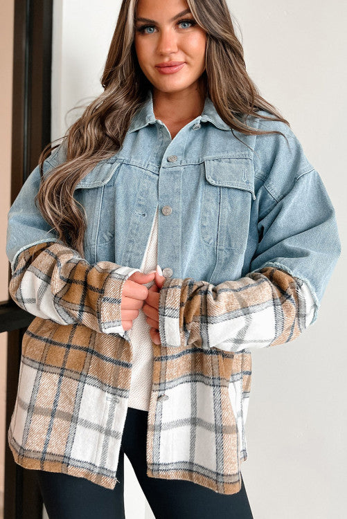 ⭐️NEW Khaki Plaid Patchwork Buttoned Oversized Denim Jacket