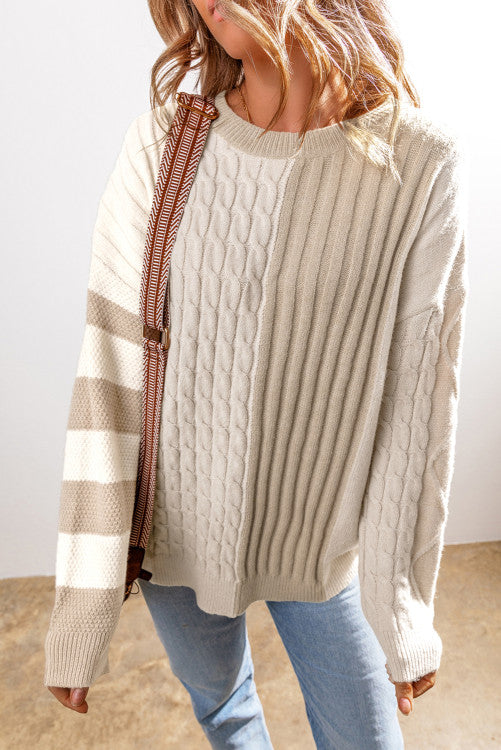 ⭐️NEW Khaki Cable Knit Colorblock Crew Neck Drop Shoulder Sweater