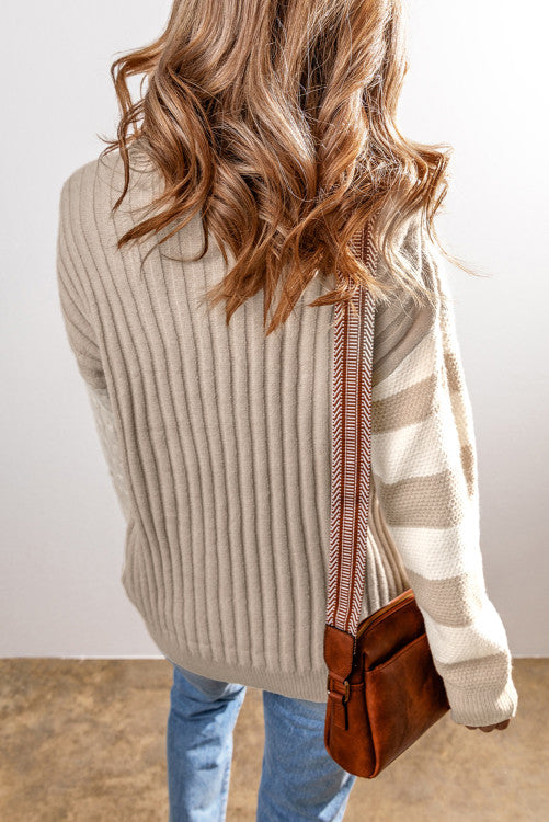 ⭐️NEW Khaki Cable Knit Colorblock Crew Neck Drop Shoulder Sweater