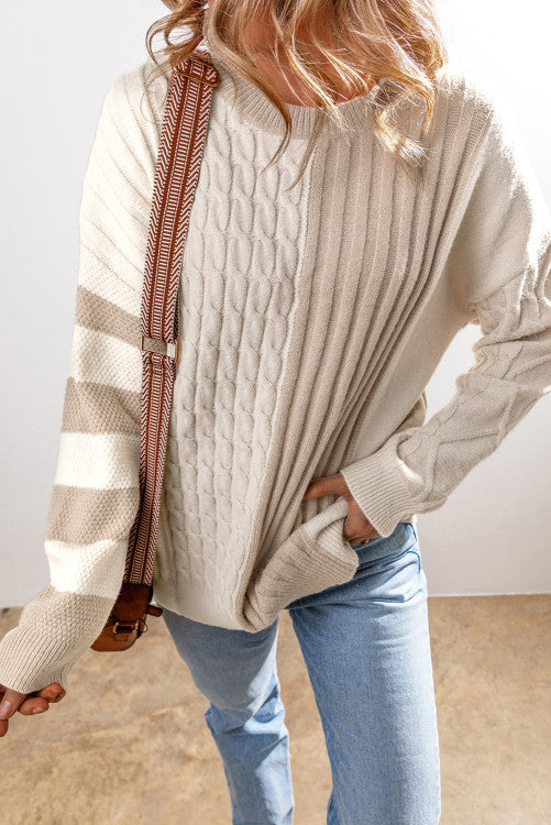 ⭐️NEW Khaki Cable Knit Colorblock Crew Neck Drop Shoulder Sweater