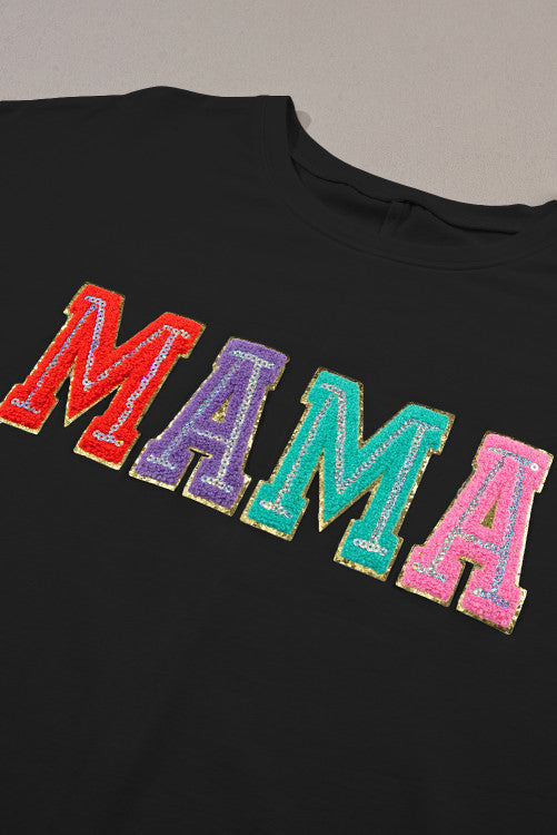 Black MAMA Patched Crew Neck T Shirt