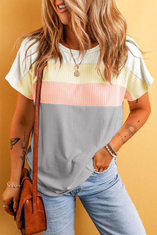 Gray Ribbed Color Block Patchwork T-shirt