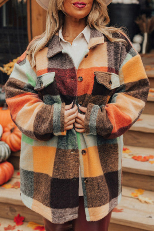 ⭐️ NEW Orange Plaid Print Flap Pocket Long Jacket