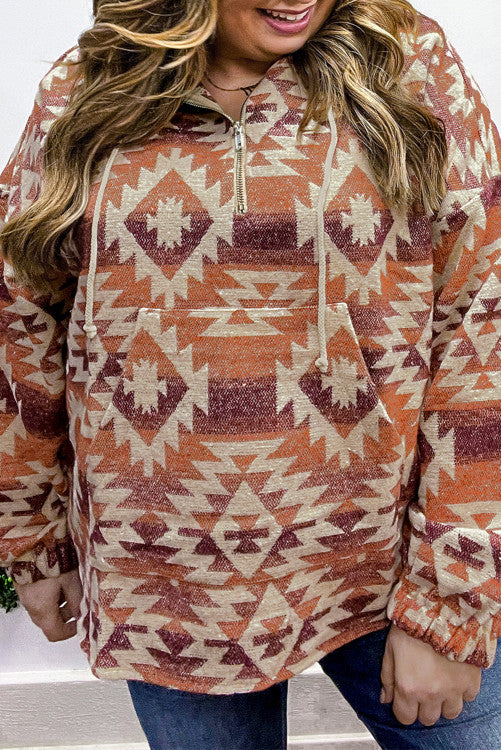 ⭐️ NEW Red Plus Size Western Fashion Aztec Patterned Half Zip High Neck Hoodie