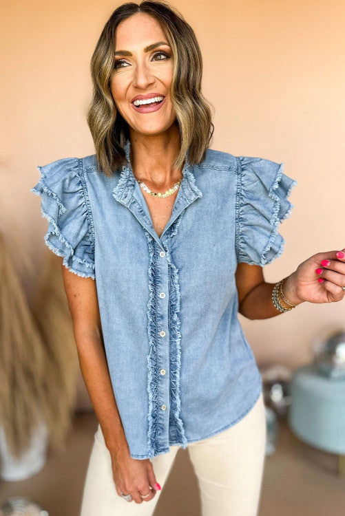 Blue Button Front Ruffled Flutter Frayed Denim Top