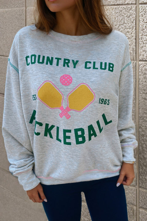 ⭐️Light Grey COUNTRY CLUB PICKLEBALL Graphic Exposed Stitching Casual Sweatshirt