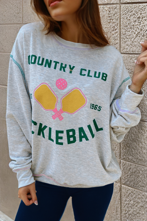 ⭐️Light Grey COUNTRY CLUB PICKLEBALL Graphic Exposed Stitching Casual Sweatshirt