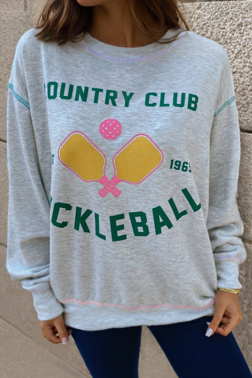 ⭐️Light Grey COUNTRY CLUB PICKLEBALL Graphic Exposed Stitching Casual Sweatshirt