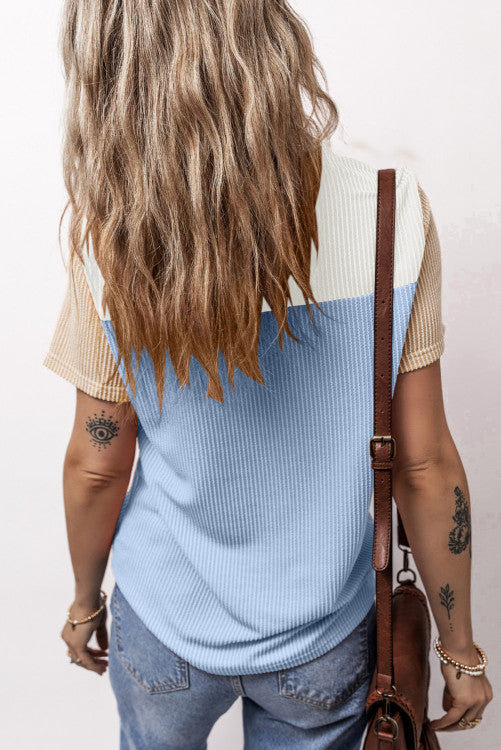 Light Blue Rib Textured Colorblock T Shirt