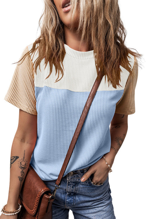 Light Blue Rib Textured Colorblock T Shirt