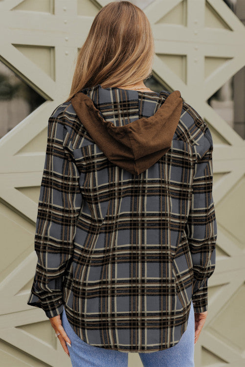 Contrast Hooded Drawstring Plaid Shacket w/ brown hood