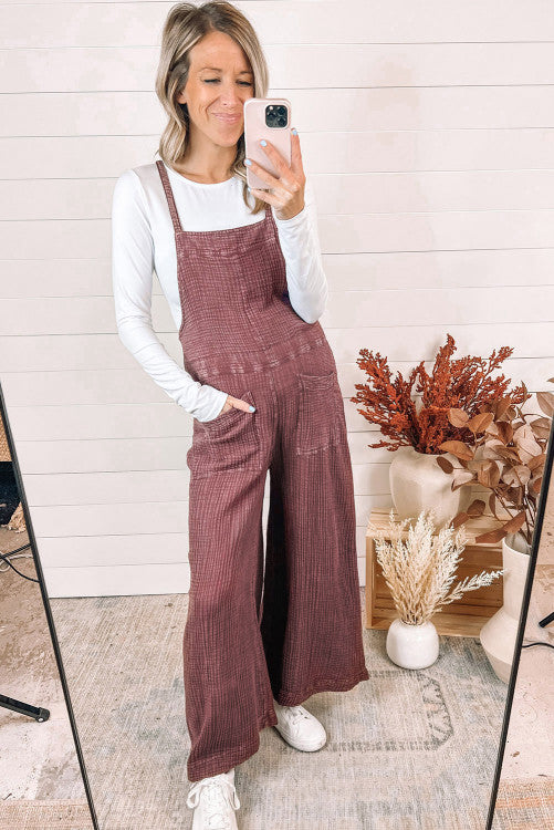 Textured Shoulder Straps Pocketed Overalls