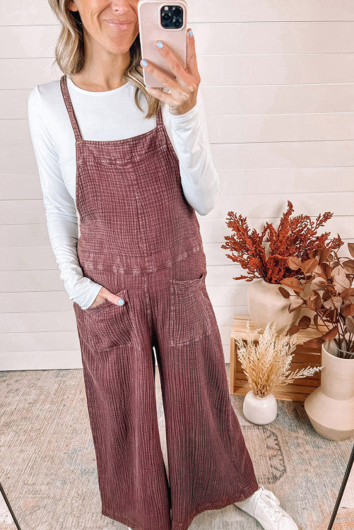 Textured Shoulder Straps Pocketed Overalls