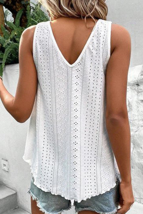 White Plus Size V Neck Eyelet Lace Tank Top