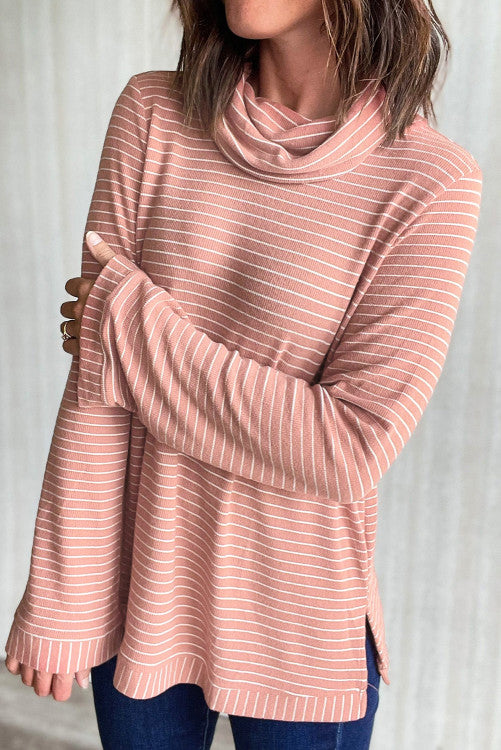 ⭐️ NEW Pink Stripe Cowl Neck Side Slits Loose Fit Long Sleeve Top