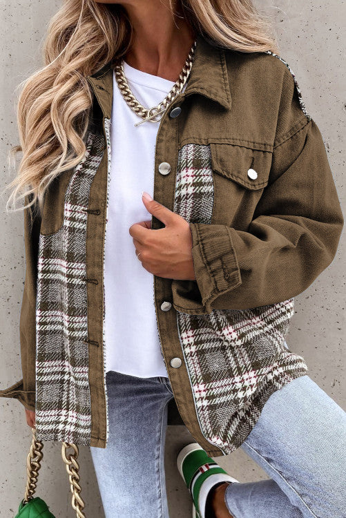 Brown Plaid Patchwork Pocket Denim Jacket