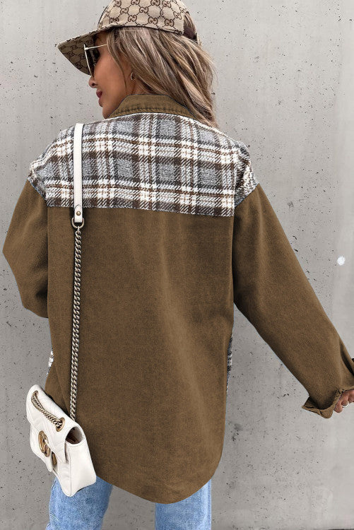 Brown Plaid Patchwork Pocket Denim Jacket