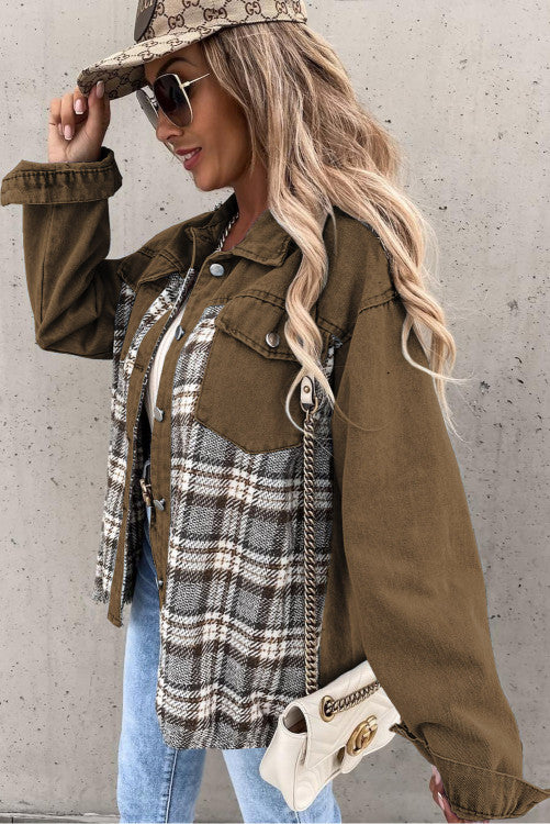 Brown Plaid Patchwork Pocket Denim Jacket