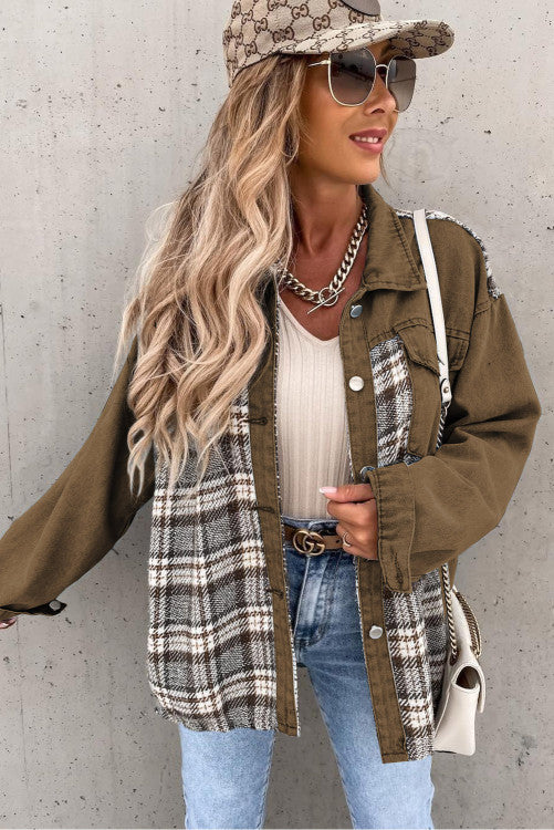 Brown Plaid Patchwork Pocket Denim Jacket