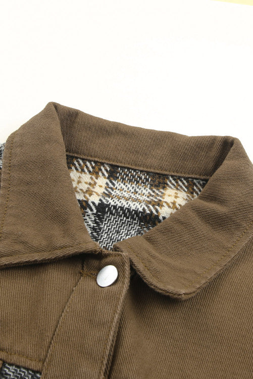 Brown Plaid Patchwork Pocket Denim Jacket