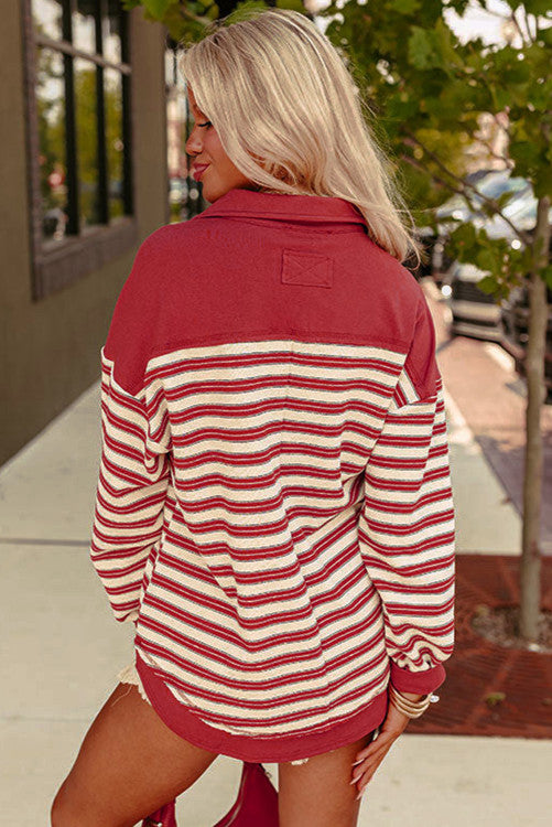 ⭐️ NEW Red Stripe Buttoned V Neck Collared Drop Shoulder Top