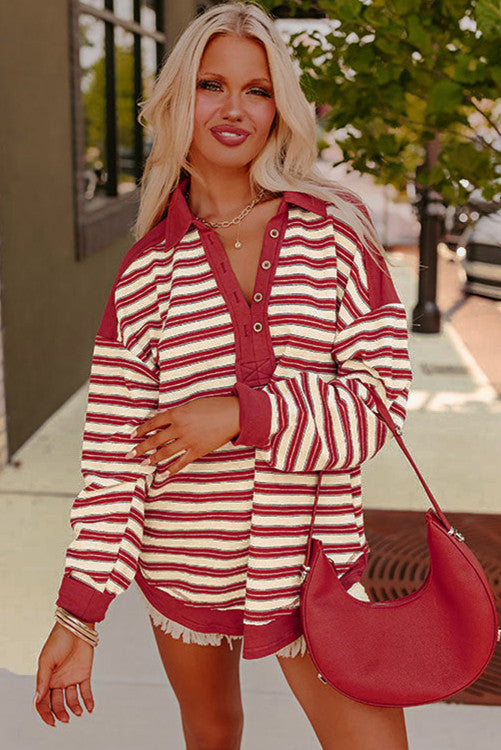 ⭐️ NEW Red Stripe Buttoned V Neck Collared Drop Shoulder Top