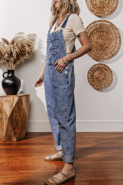 ⭐️ NEW Sail Blue Denim Bib Straight Leg Jumpsuit with Pockets