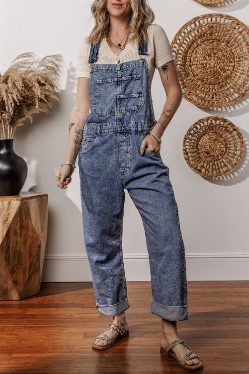 ⭐️ NEW Sail Blue Denim Bib Straight Leg Jumpsuit with Pockets