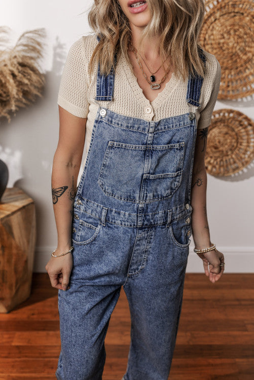 ⭐️ NEW Sail Blue Denim Bib Straight Leg Jumpsuit with Pockets