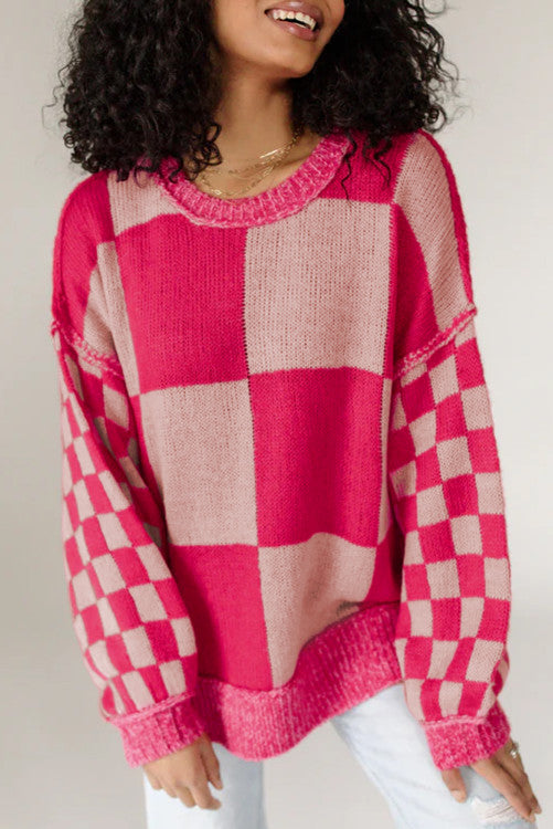 ⭐️NEW Rose Red Mixed Checkered Pattern Drop Shoulder Loose Sweater