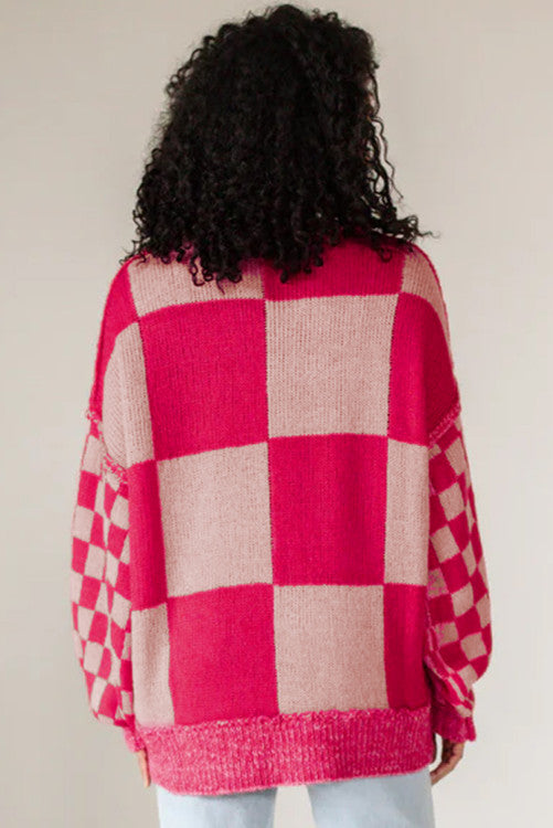 ⭐️NEW Rose Red Mixed Checkered Pattern Drop Shoulder Loose Sweater