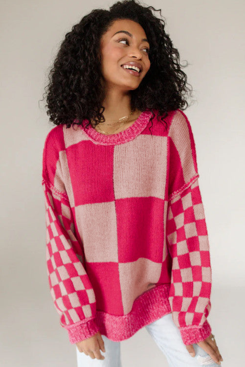 ⭐️NEW Rose Red Mixed Checkered Pattern Drop Shoulder Loose Sweater