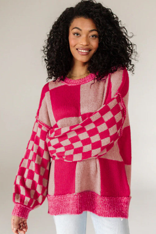 ⭐️NEW Rose Red Mixed Checkered Pattern Drop Shoulder Loose Sweater