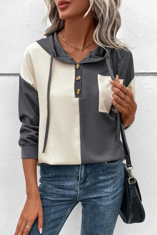 ⭐️ NEW Dark Grey Waffle Colorblock Buttons Placket Drop Shoulder Drawstring Hoodie