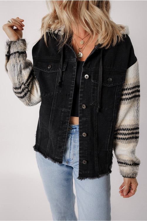 ⭐️ NEW Black Plaid Sleeve Frayed Hem Hooded Denim Jacket