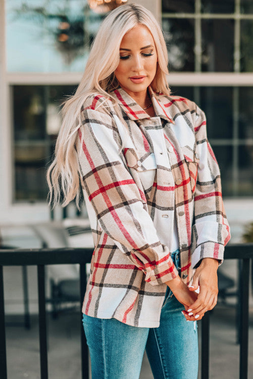 Khaki Plaid Print Buttoned Shirt Coat with Pocket