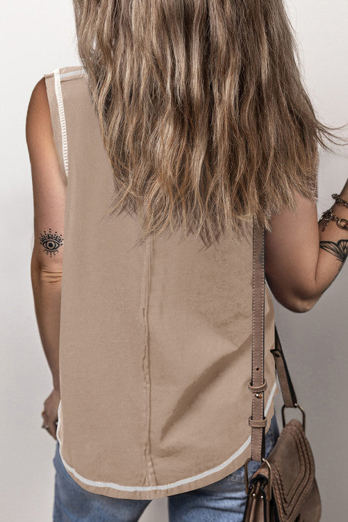 Light French Beige Contrast Stitching Exposed Seam Henley Tank Top