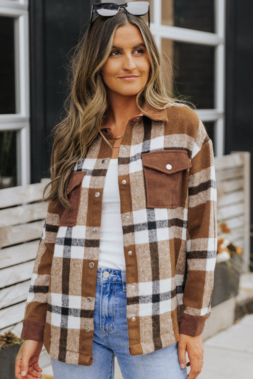 ⭐️ NEW Brown Pocketed Buttoned Plaid Shirt Jacket