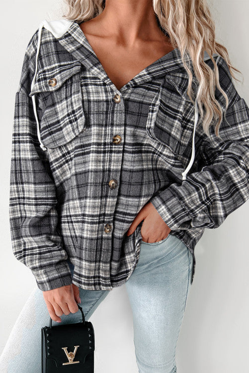 ⭐️𝐃𝐞𝐚𝐥 𝐨𝐟 𝐭𝐡𝐞 𝐝𝐚𝐲 (originally $59) Black Plaid Print Flap Pockets Contrast Hooded Loose Shacket