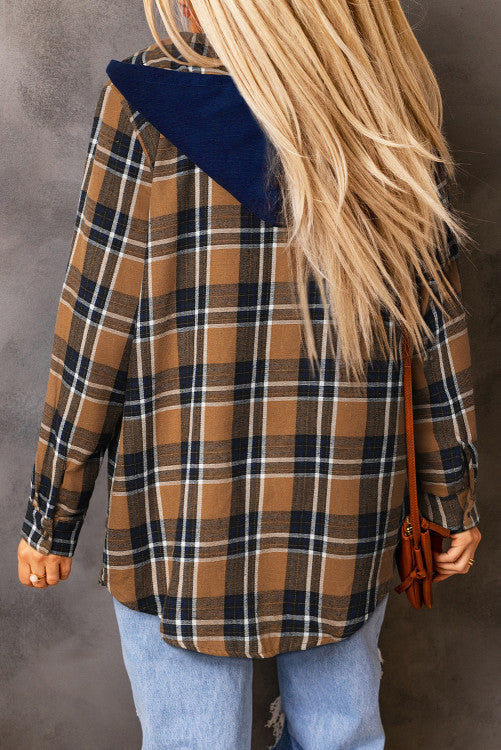 Contrast Hooded Drawstring Plaid Shacket W/ blue hood