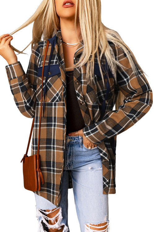 Contrast Hooded Drawstring Plaid Shacket W/ blue hood