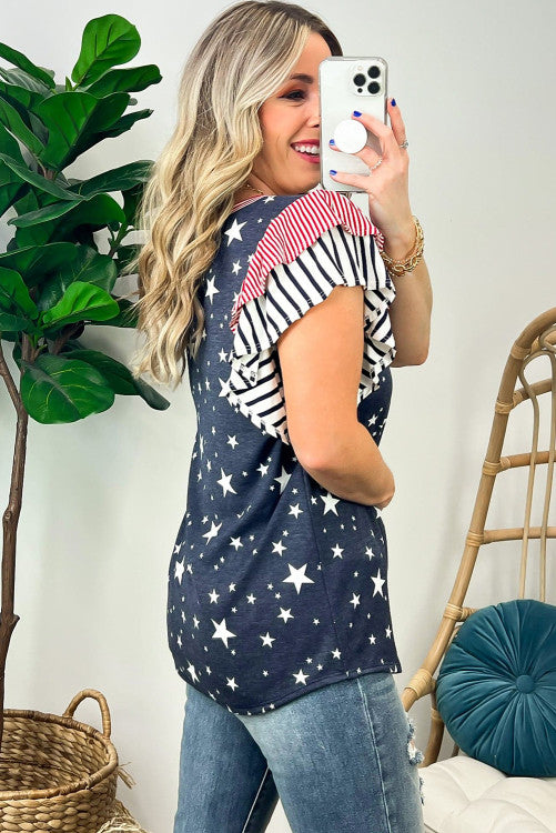 Gray Striped Ruffled Sleeve Star Print T Shirt