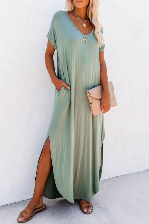 Green V Neck Hidden Pocket Splits Maxi T-shirt Dress