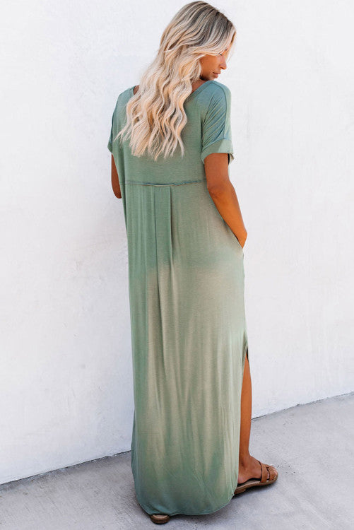 Green V Neck Hidden Pocket Splits Maxi T-shirt Dress