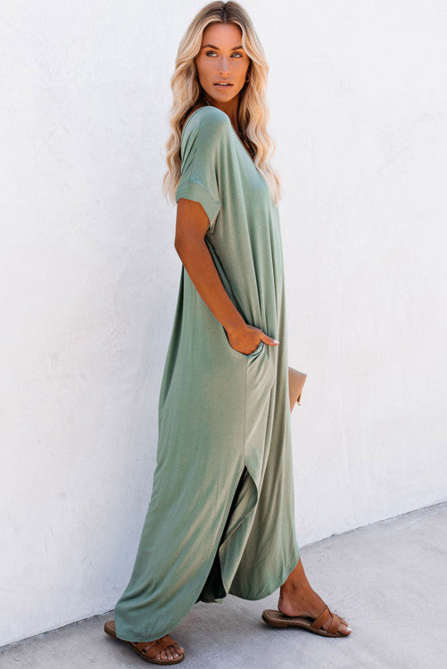 Green V Neck Hidden Pocket Splits Maxi T-shirt Dress