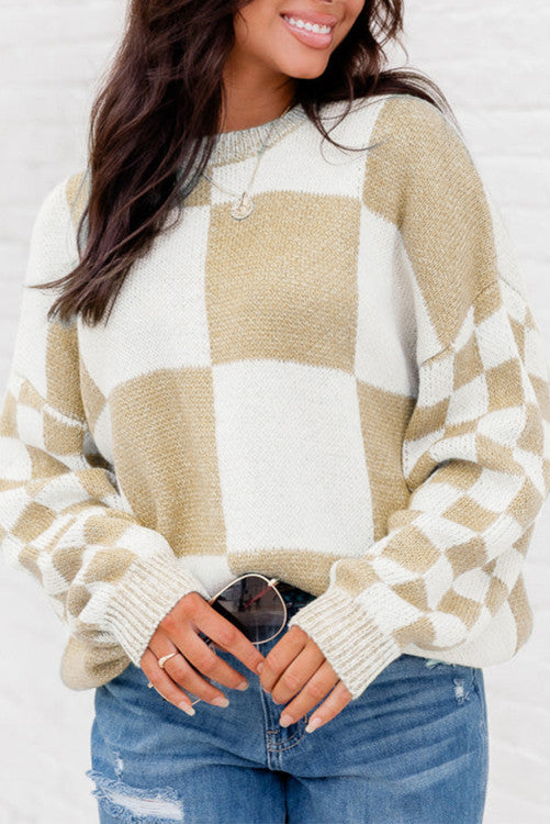 ⭐️RESTOCK Flaxen Checkered Print Drop Shoulder Sweater