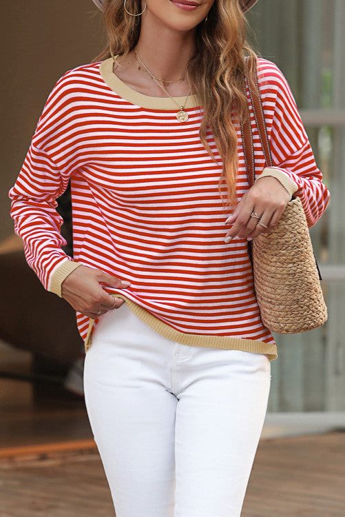 ⭐️𝐃𝐞𝐚𝐥 𝐨𝐟 𝐭𝐡𝐞 𝐝𝐚𝐲 (originally $48) Red Contrast Trimmed Striped Drop Shoulder Sweater